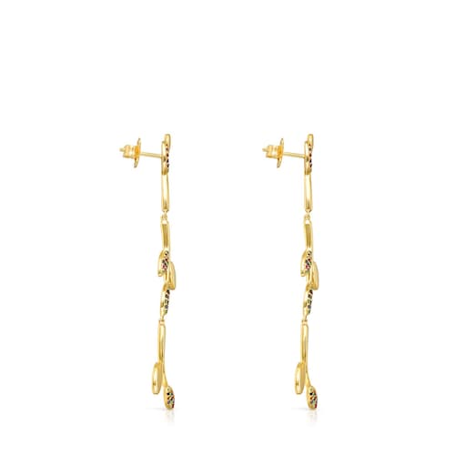 Long Silver Vermeil Real Mix Leaf Earrings with Gemstones