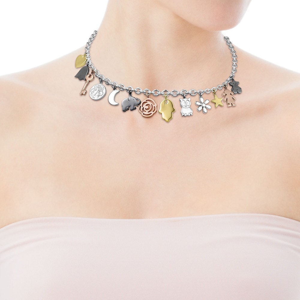 Collar Sweet Dolls de plata, con ba&ntilde;o de oro rosa y amarillo 18 kt sobre plata y plata dark silver