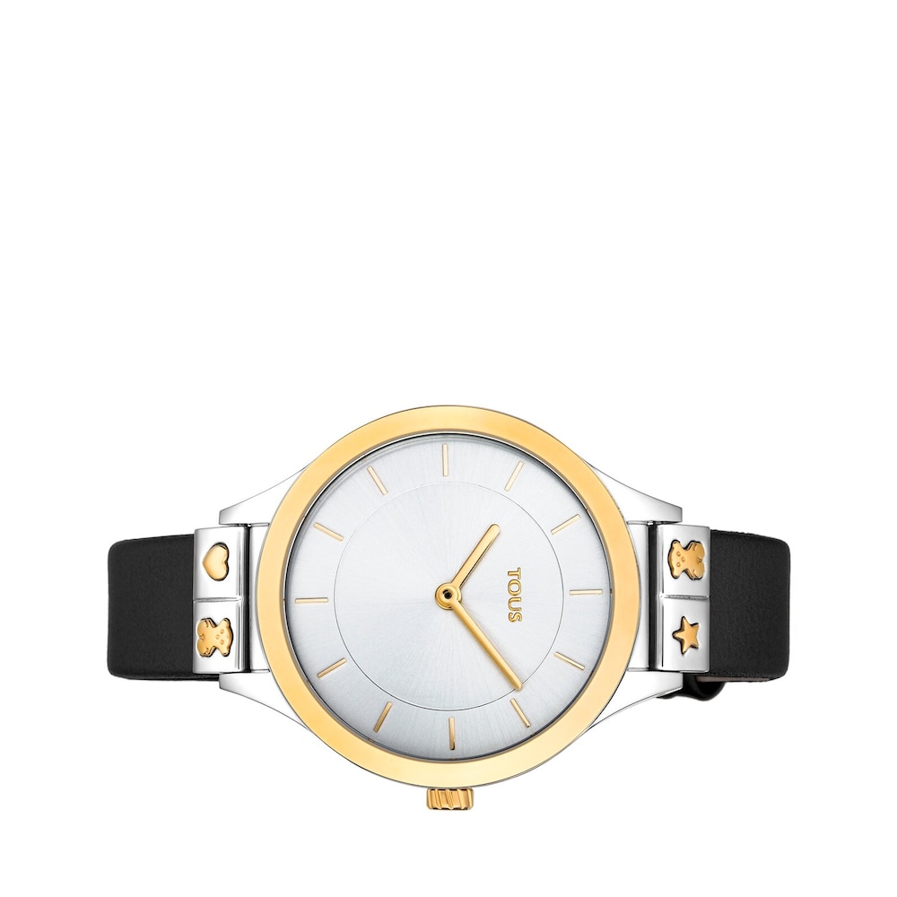 Reloj anal&oacute;gico Lord de acero IP rosado con correa de piel negra