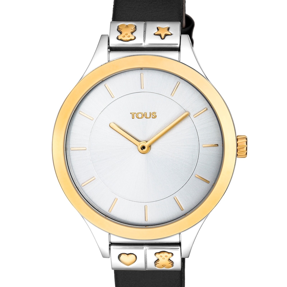 Reloj anal&oacute;gico Lord de acero IP rosado con correa de piel negra