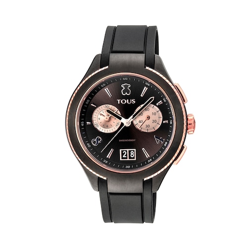 Reloj analógico ST bicolor de acero IP negro-IP rosado con correa de Caucho negra