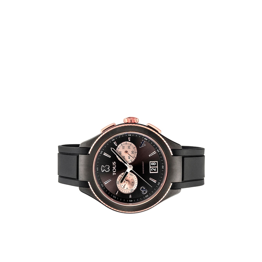 Zweifarbige Uhr aus ionenplattiertem Stahl in Ros&eacute; und Schwarz mit schwarzem Lederarmband