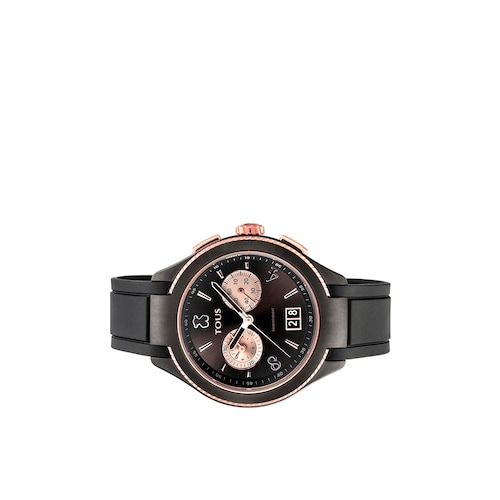 Reloj analógico ST bicolor de acero IP negro-IP rosado con correa de Caucho negra