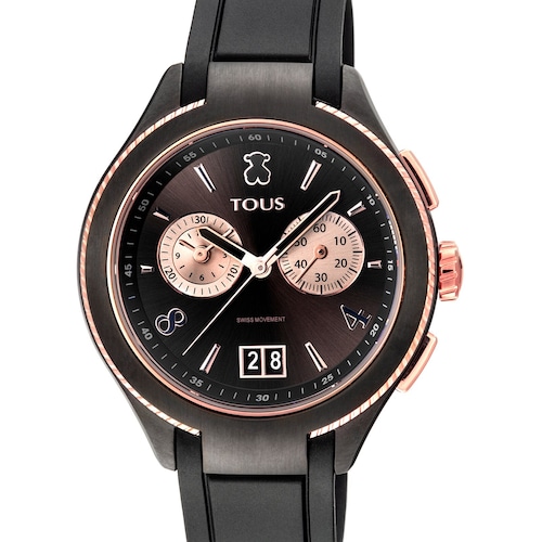 Reloj analógico ST bicolor de acero IP negro-IP rosado con correa de Caucho negra