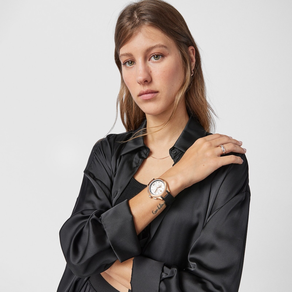 Two-tone Steel/Rose IP ST Watch with black leather strap