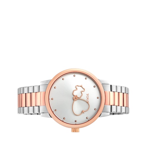 Montre Bear Time bicolore en acier et placage ionis&eacute; rose