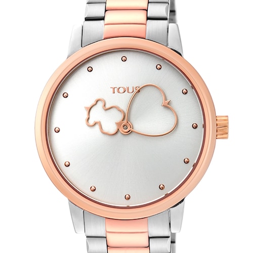 Montre Bear Time bicolore en acier et placage ionis&eacute; rose