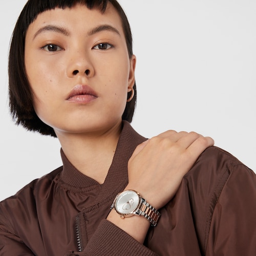 Montre Bear Time bicolore en acier et placage ionis&eacute; rose