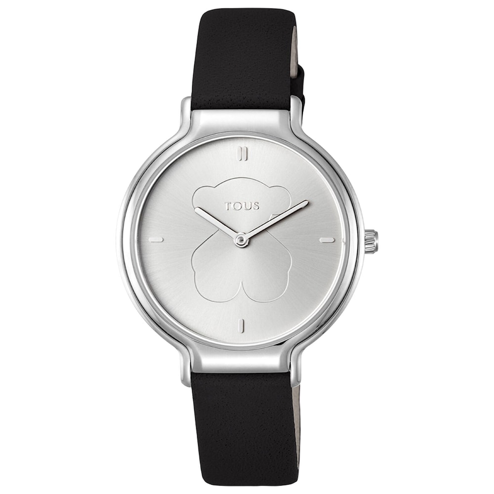 Steel Real Bear Watch with black Leather strap