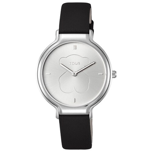 Steel Real Bear Watch with black Leather strap