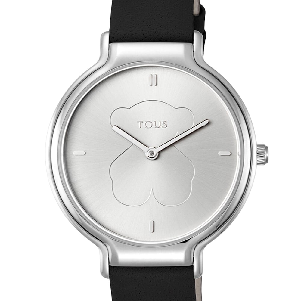 Steel Real Bear Watch with black Leather strap