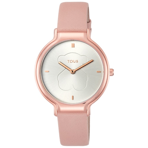 Rel&oacute;gio Real Bear em a&ccedil;o IP rosado com correia em pele nude