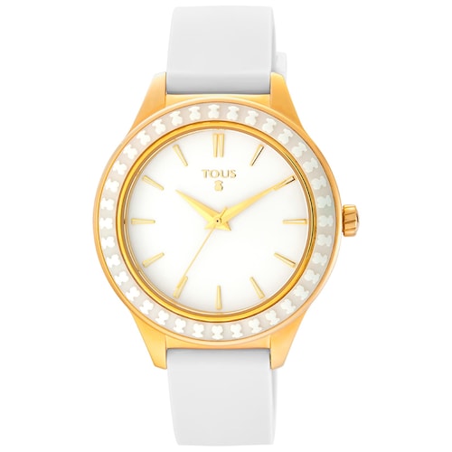 Gold-colored IP Steel Straight Ceramic Watch and ceramic bevel with white Silicone strap image number 0