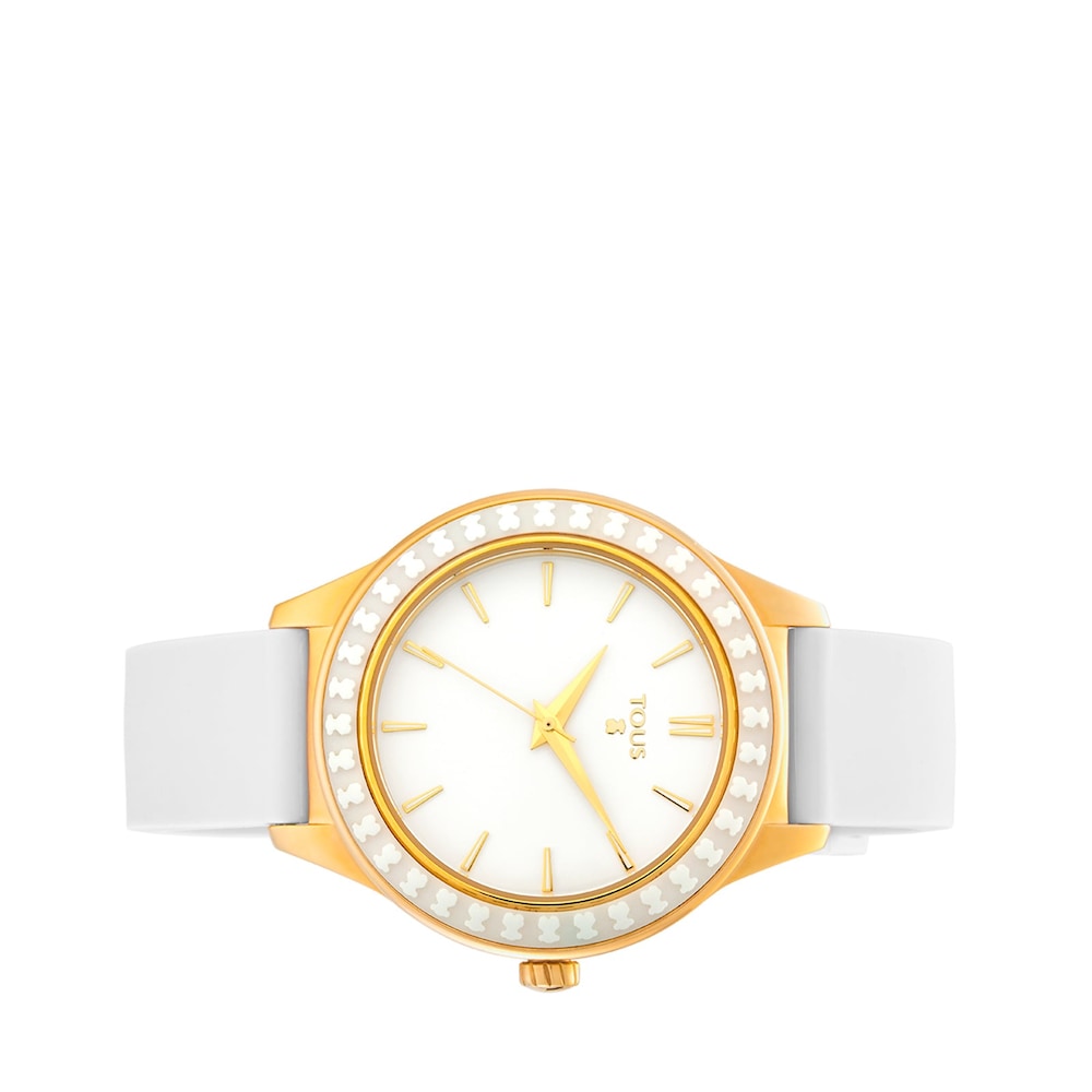 Gold-colored IP Steel Straight Ceramic Watch and ceramic bevel with white Silicone strap
