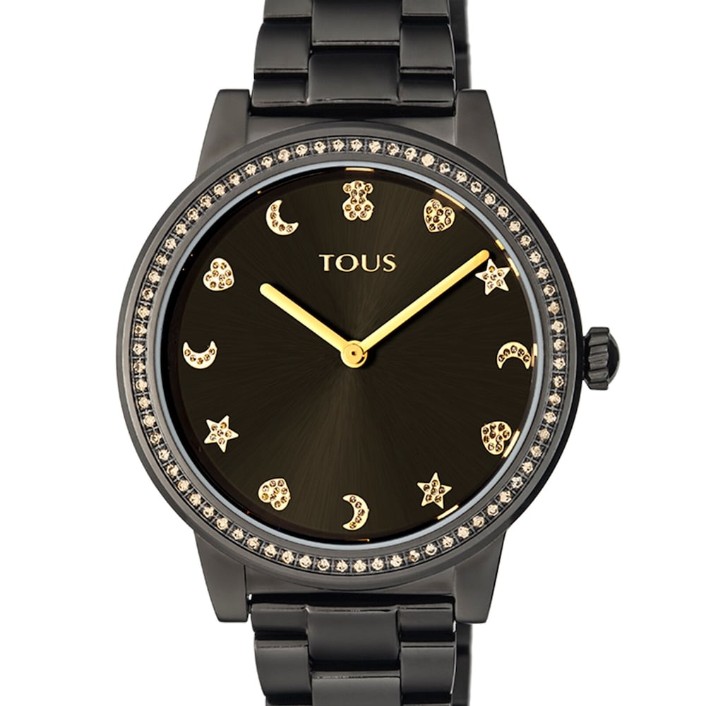 Reloj anal&oacute;gico Nocturne de acero IP negro con bisel de Zirconitas