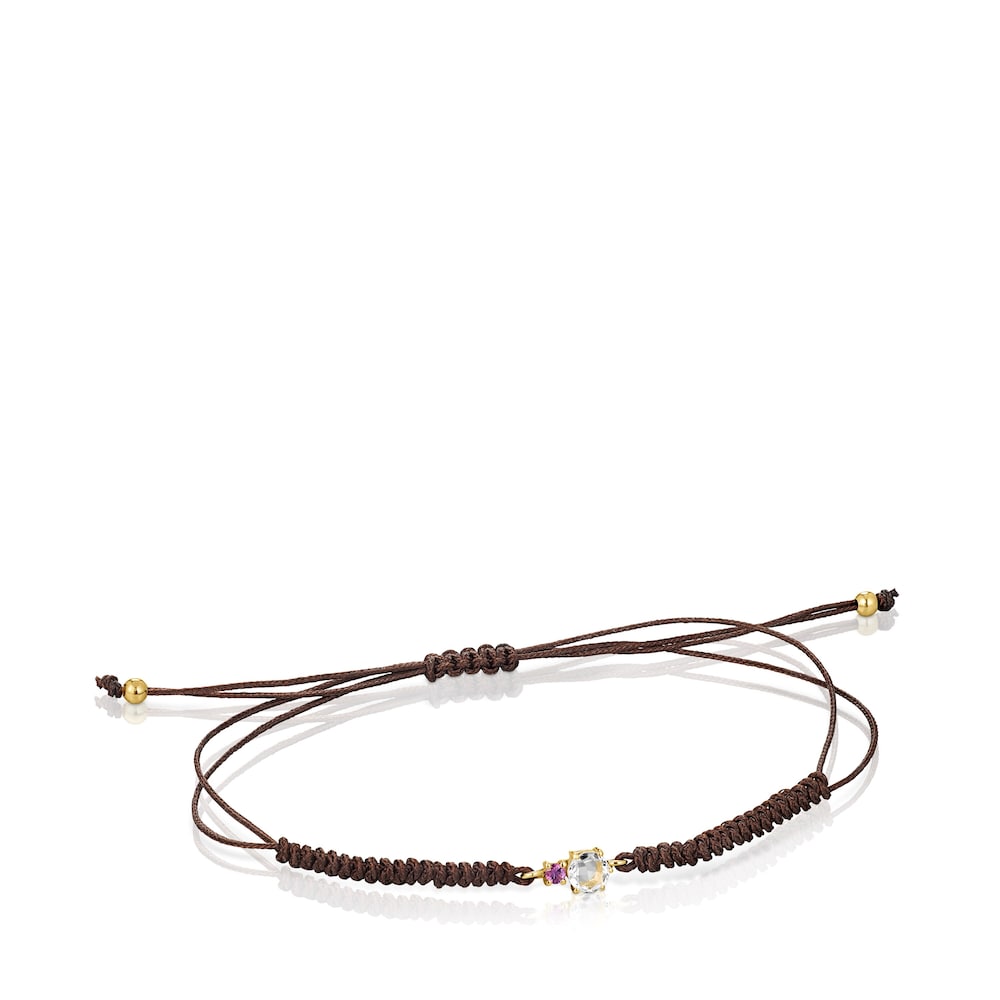 Pulsera de oro con prasiolita, amatista y cordón marrón Mini Ivette image number 0