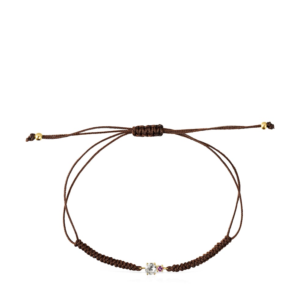 Pulsera Mini Ivette de Oro con Prasiolita, Amatista y Cord&oacute;n marr&oacute;n