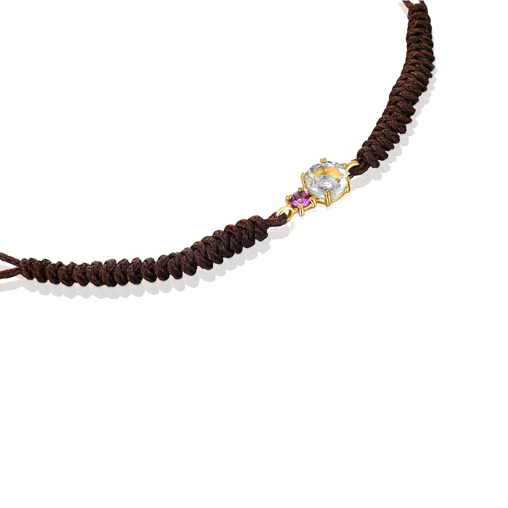 Pulsera Mini Ivette de Oro con Prasiolita, Amatista y Cord&oacute;n marr&oacute;n