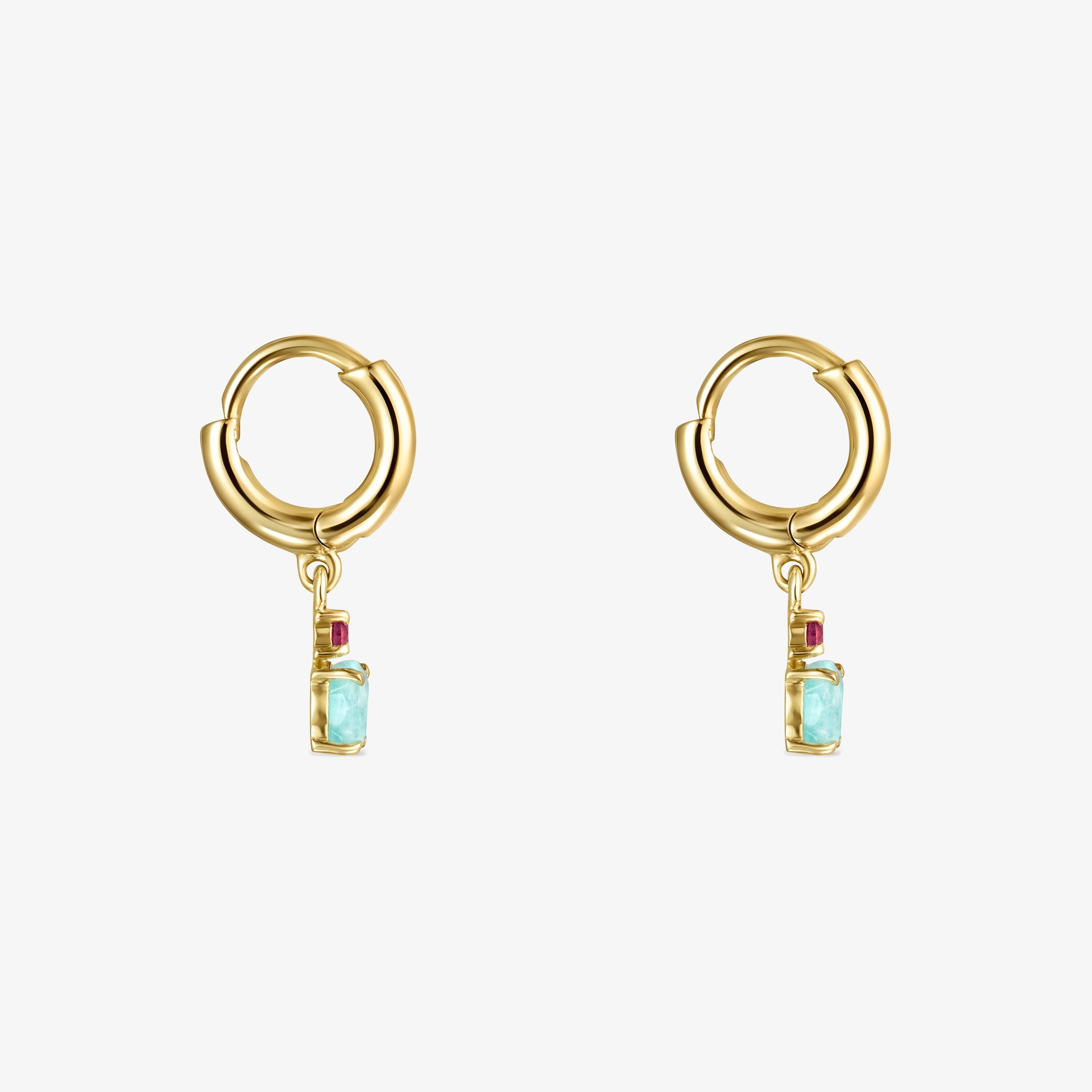 Mini Ivette short Earrings in 18K Solid Gold with Amazonite and Ruby