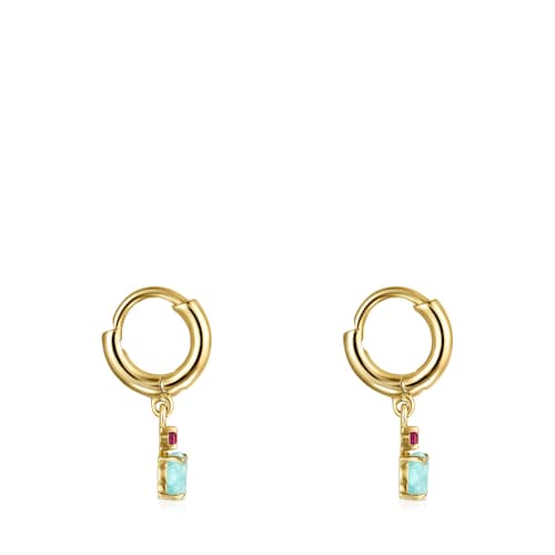 Pendientes cortos de oro con amazonita y rubí Mini Ivette
