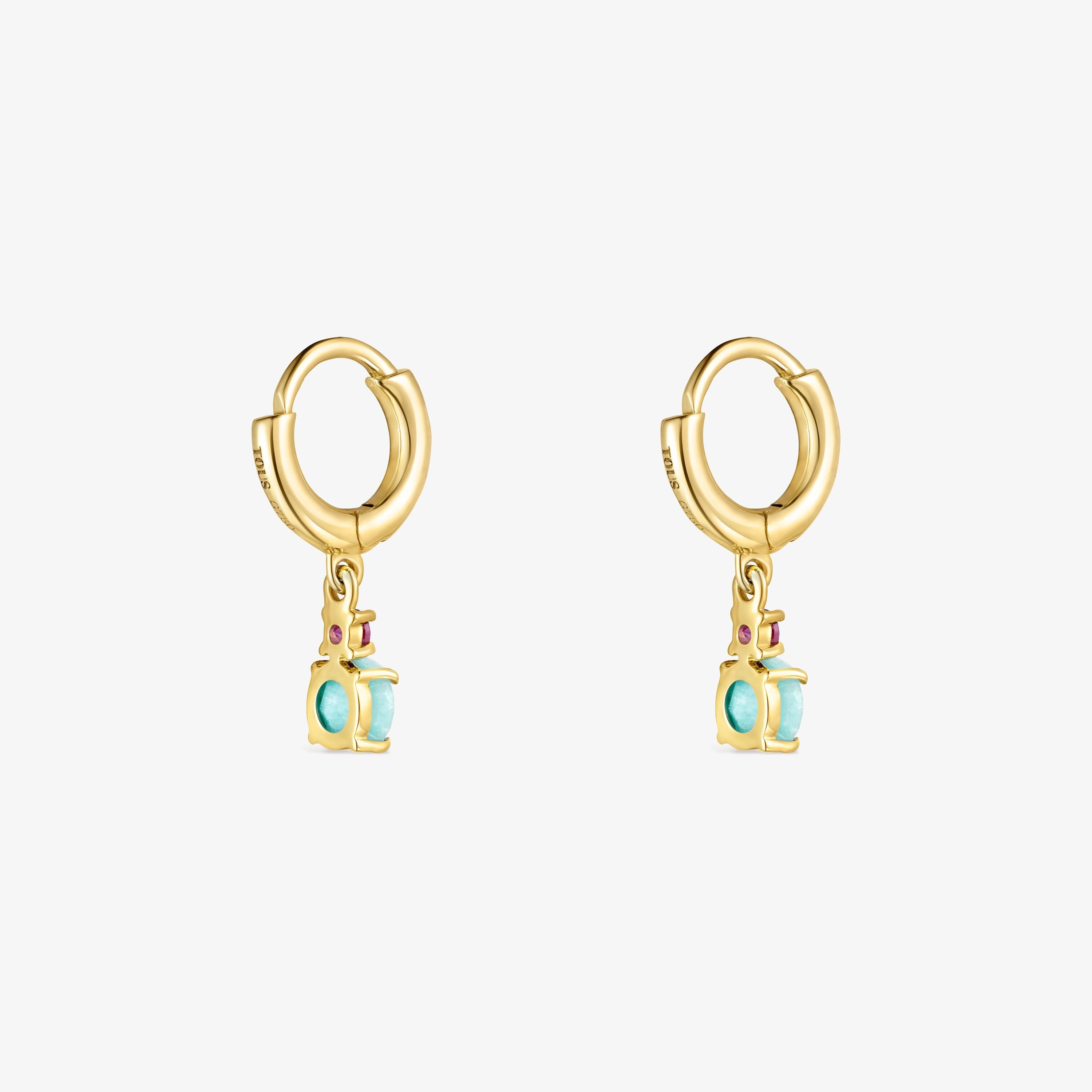 Mini Ivette short Earrings in 18K Solid Gold with Amazonite and Ruby