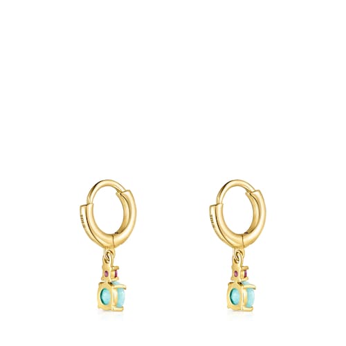 Pendientes cortos de oro con amazonita y rubí Mini Ivette