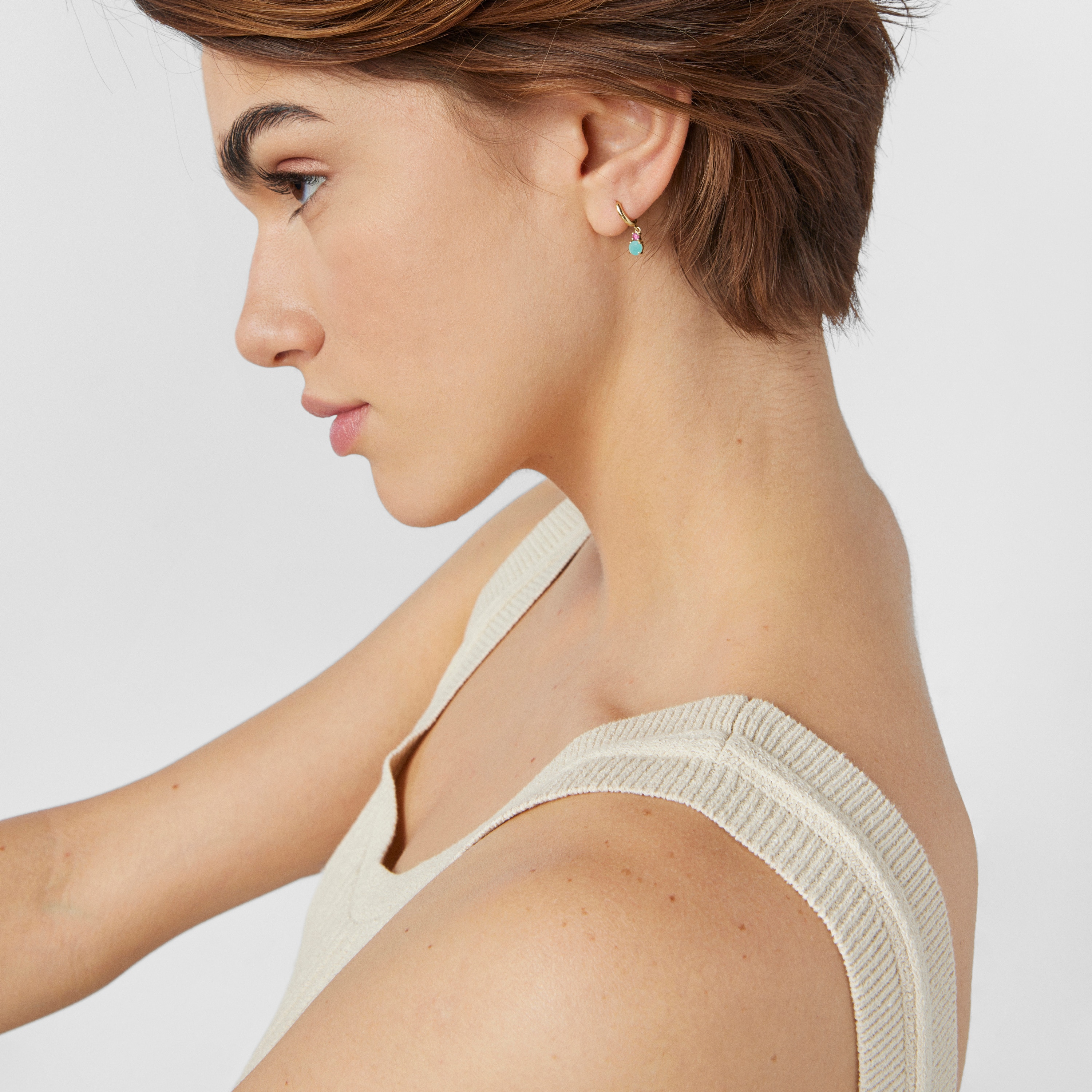 Mini Ivette short Earrings in 18K Solid Gold with Amazonite and Ruby