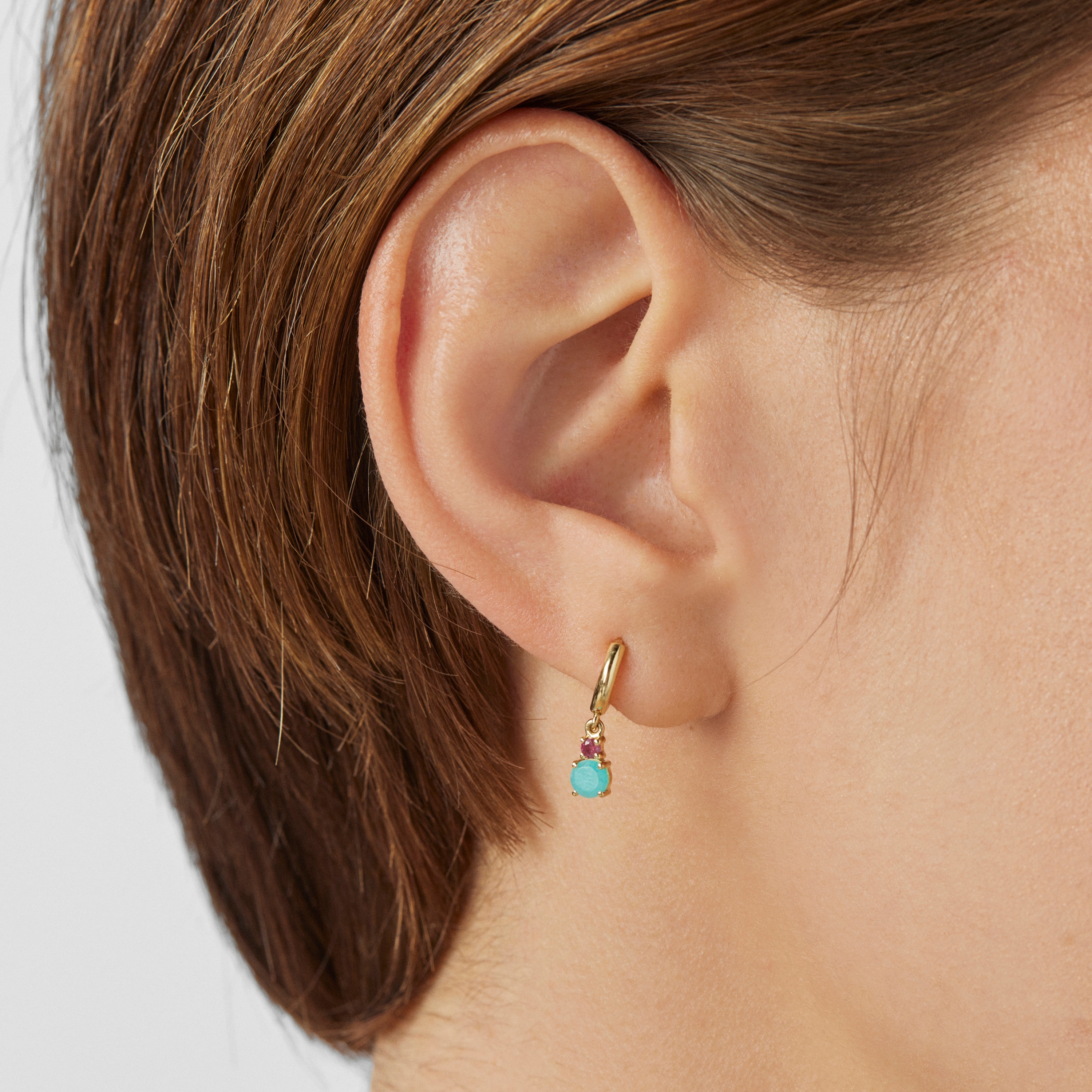 Mini Ivette short Earrings in 18K Solid Gold with Amazonite and Ruby