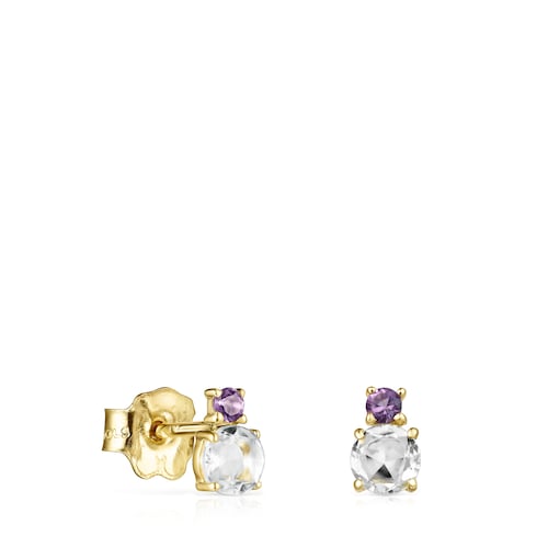 Aretes Mini Ivette de Oro con Prasiolita y Amatista