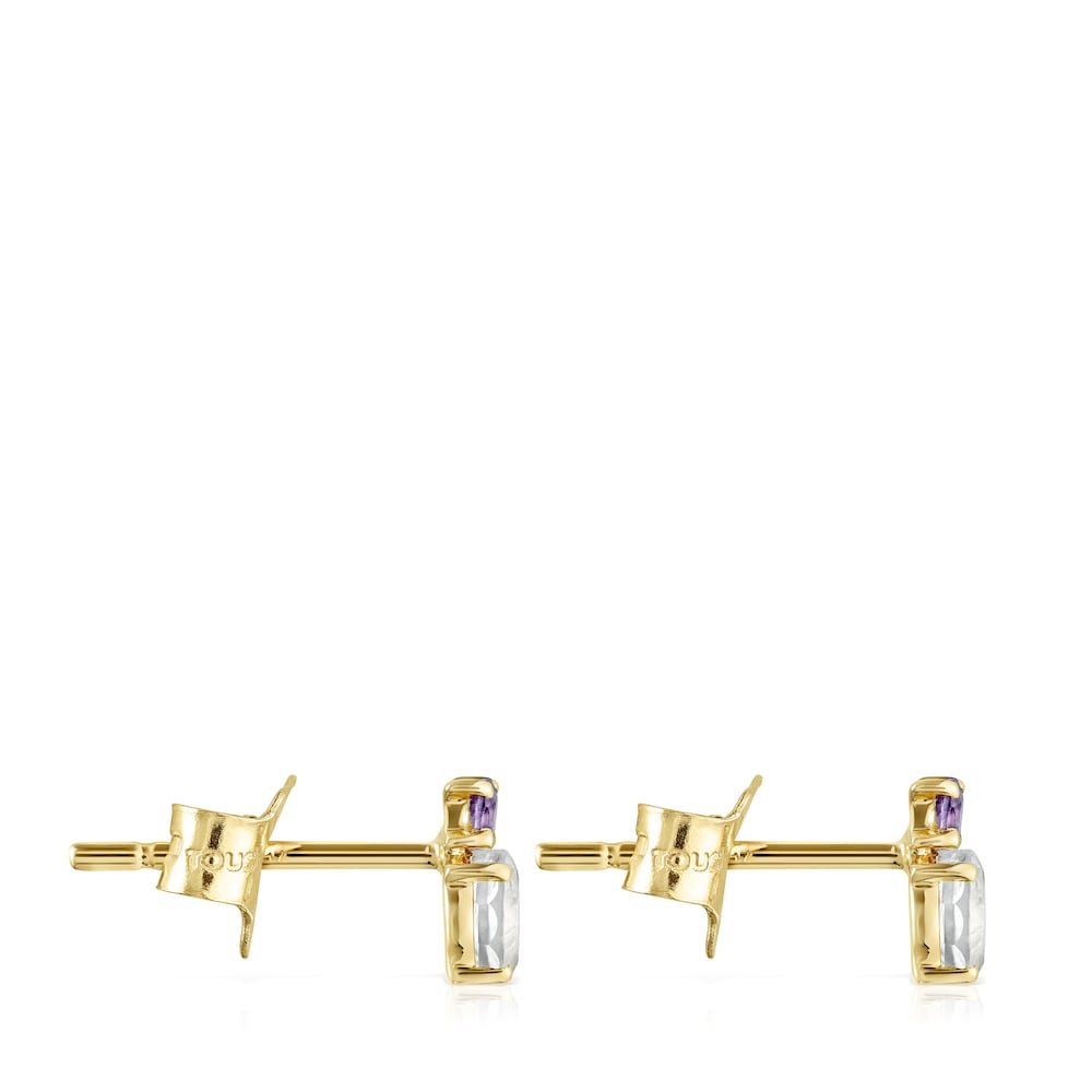 Aretes Mini Ivette de Oro con Prasiolita y Amatista