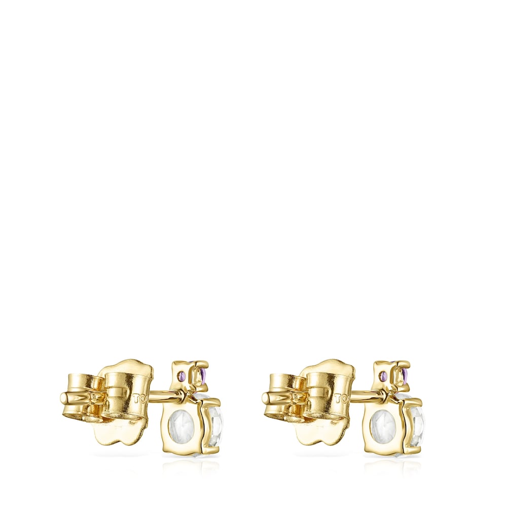 Aretes Mini Ivette de Oro con Prasiolita y Amatista