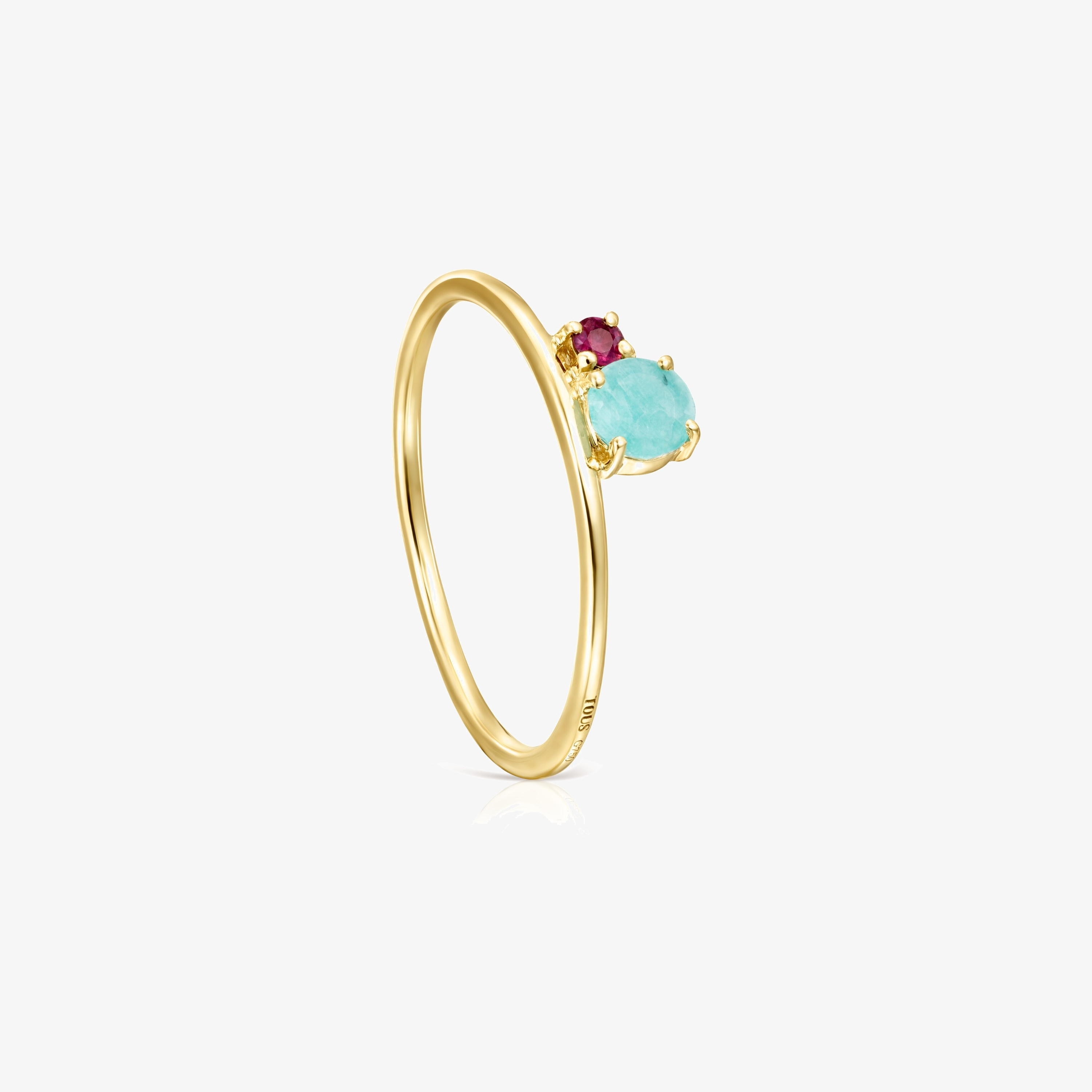TOUS Mini Ivette Ring 18K solid gold with Amazonite and Ruby