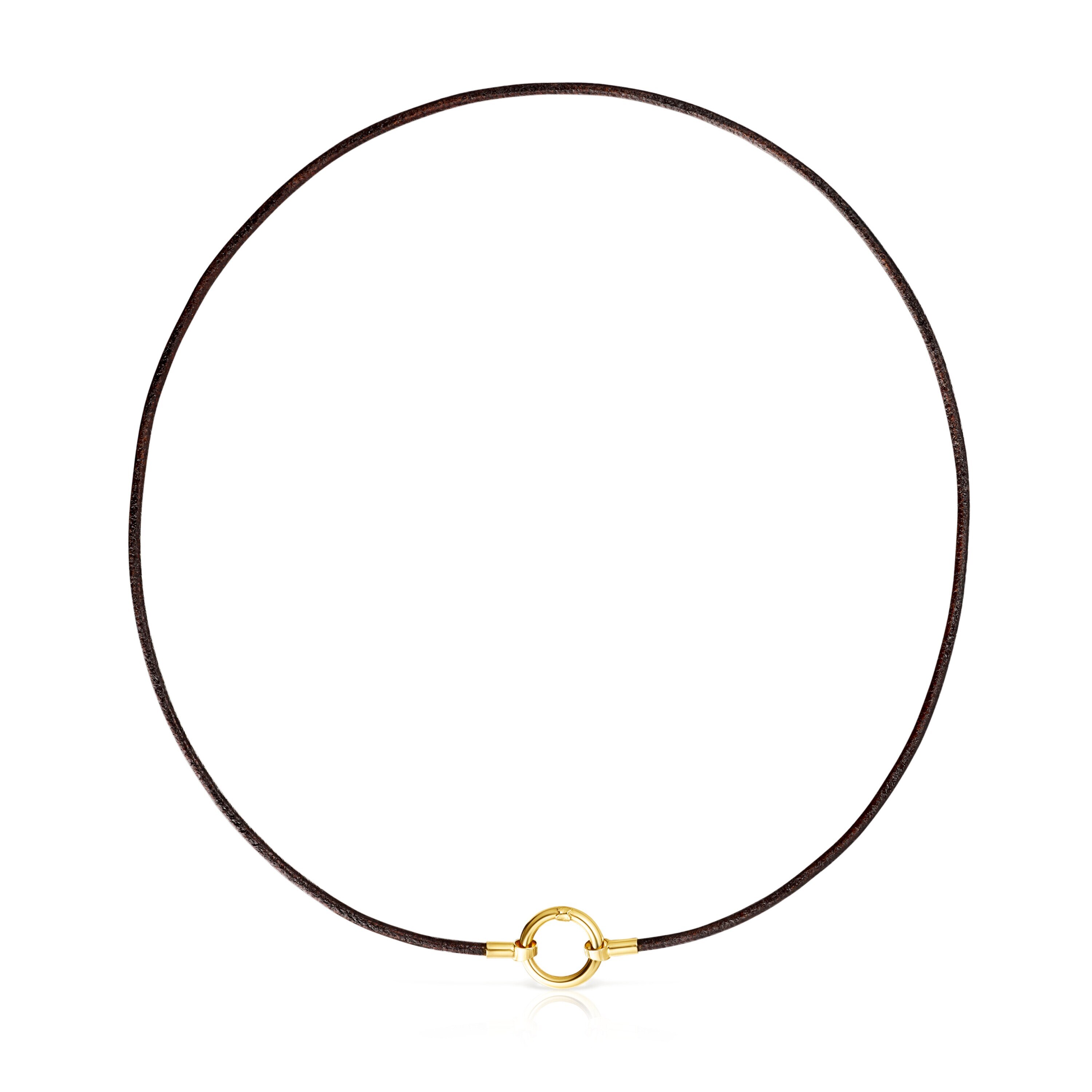 18K Solid Gold and brown Leather Hold Necklace | TOUS