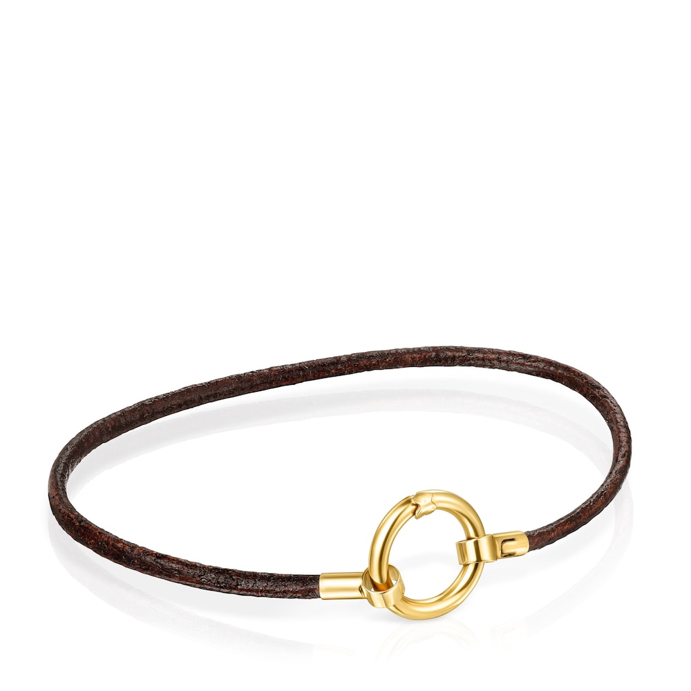 Pulsera de oro y cuero marrón Hold image number 0