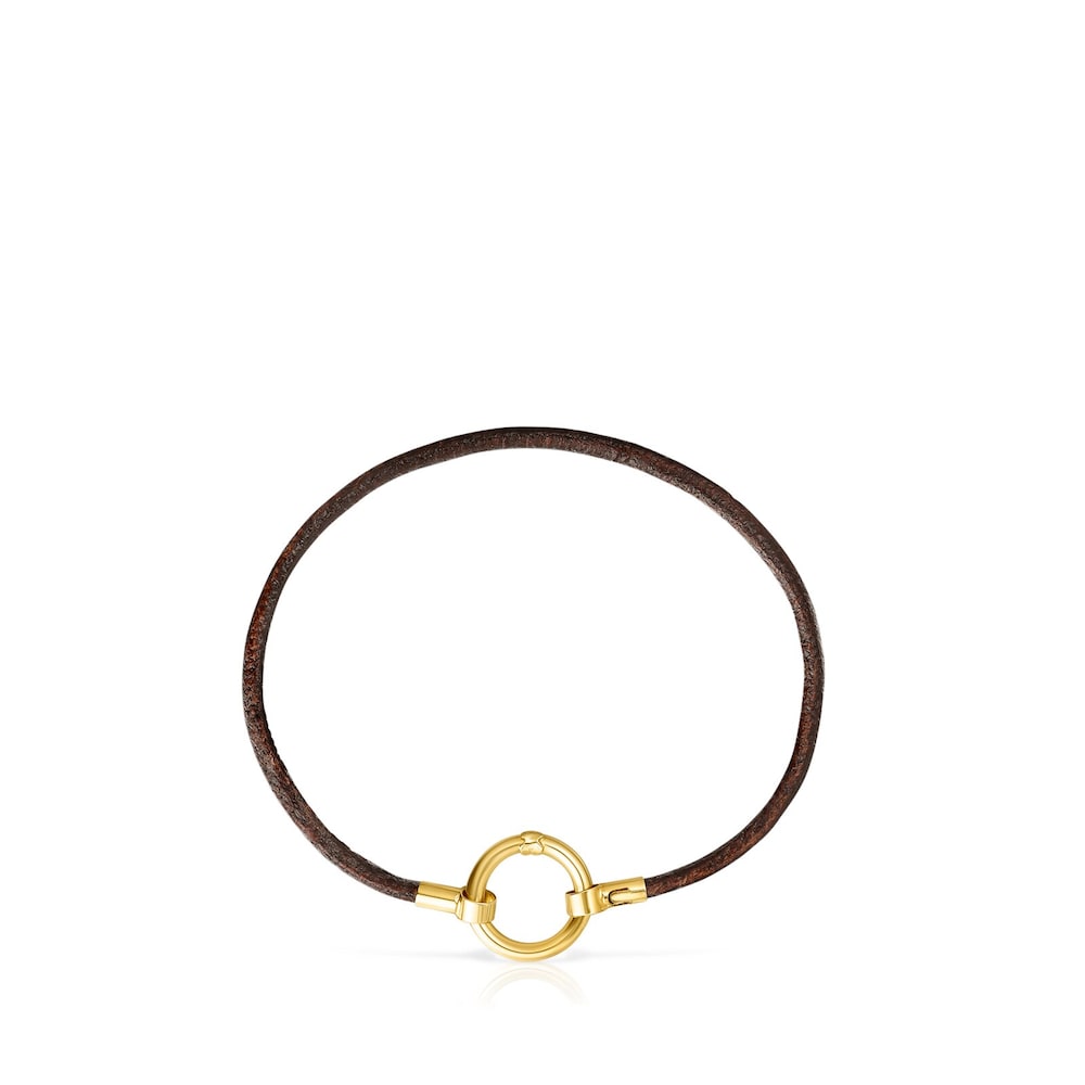 Pulsera de oro y cuero marrón Hold image number 1