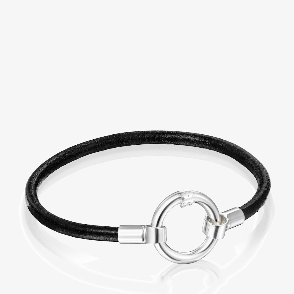 Pulsera de plata y cuero negro Hold