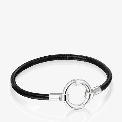 Pulsera de plata y cuero negro Hold