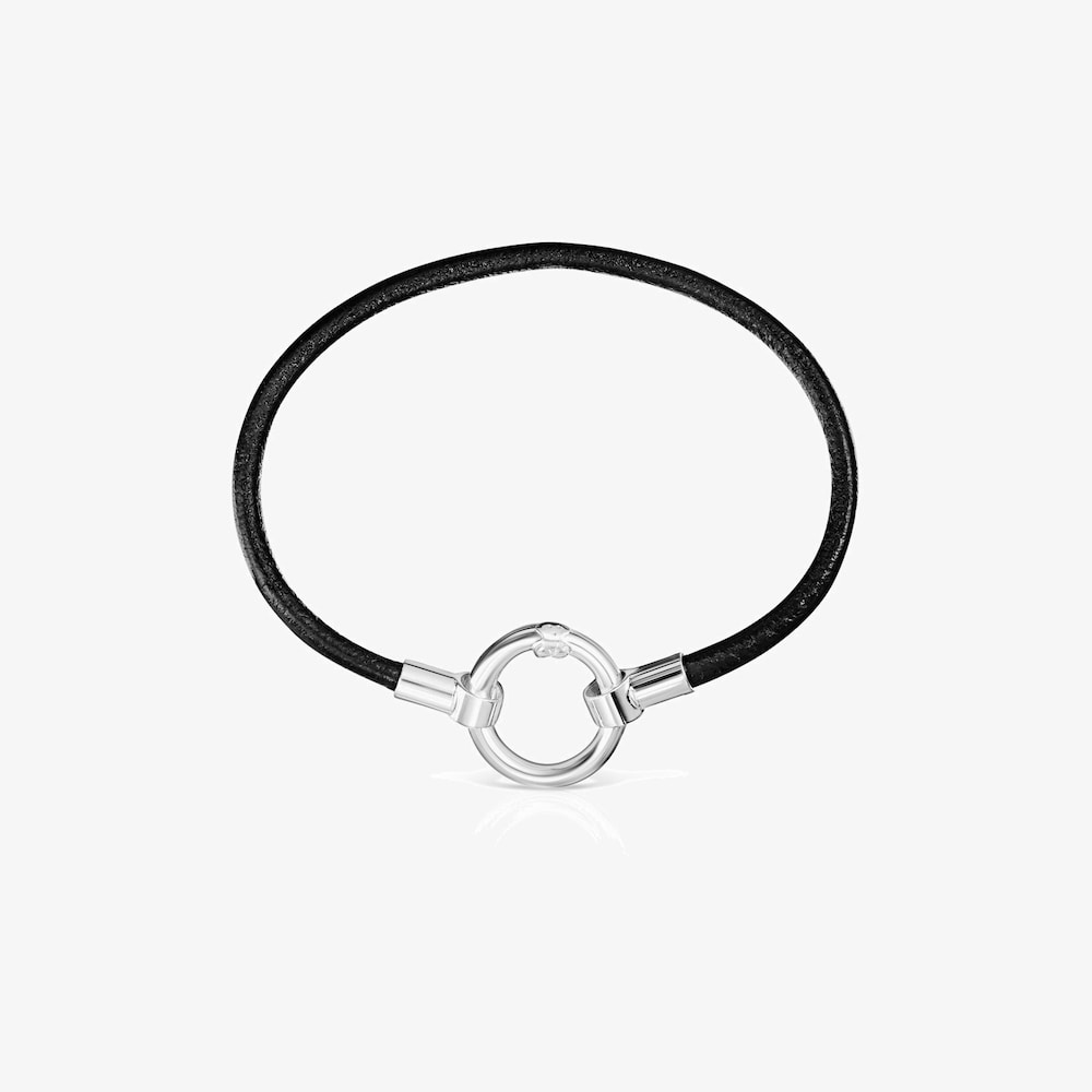 Pulsera de plata y cuero negro Hold