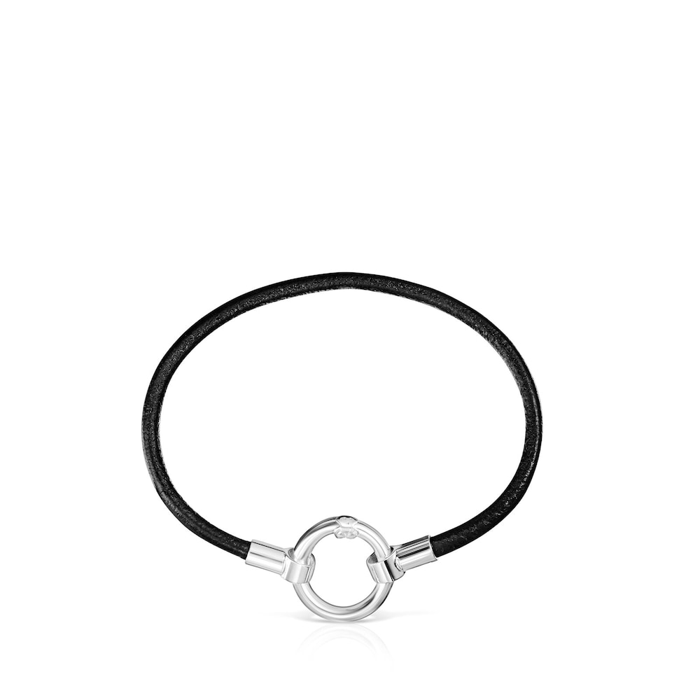 Pulsera de plata y cuero negro Hold image number 1