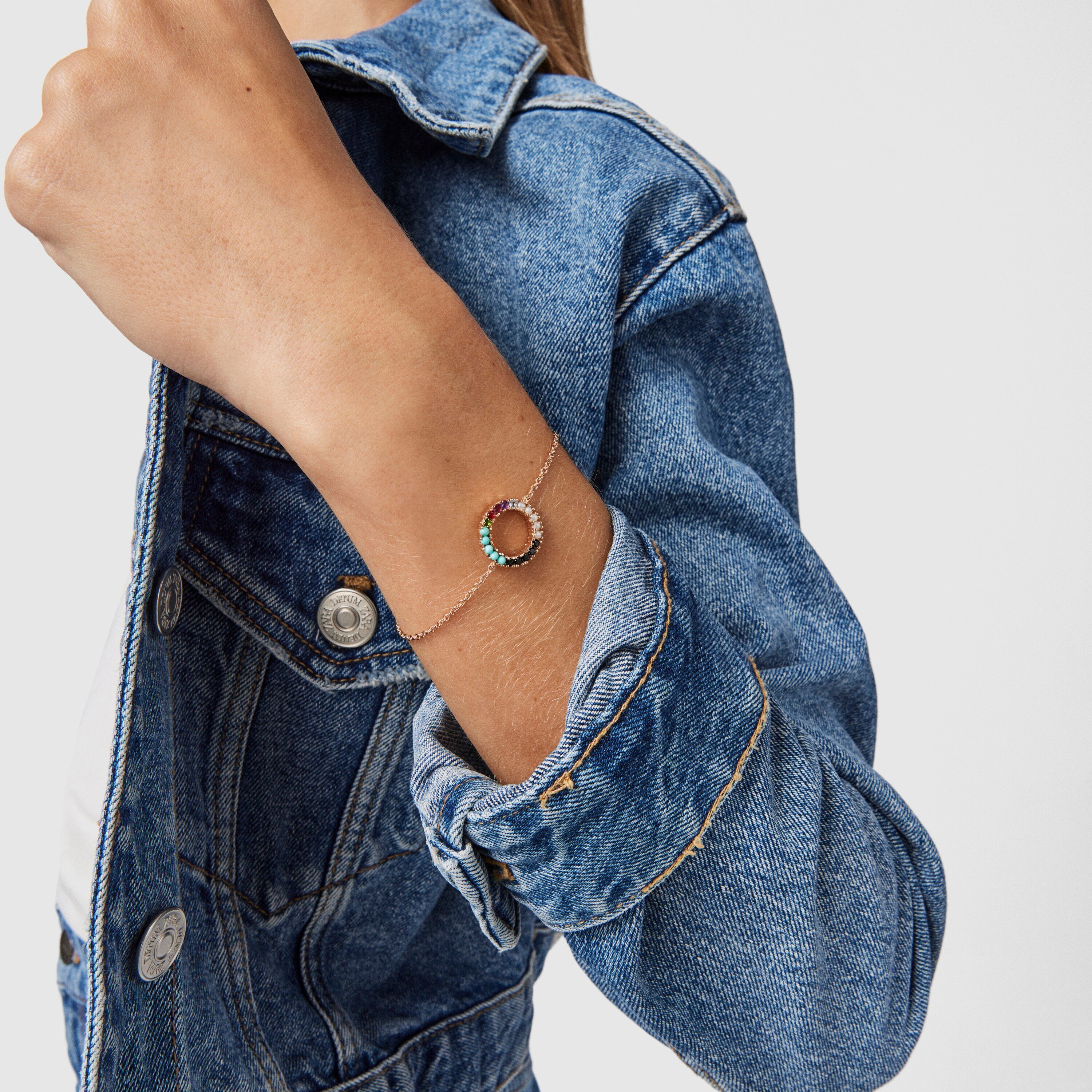 Straight disc Bracelet in Rose 18K gold vermeil with Gemstones