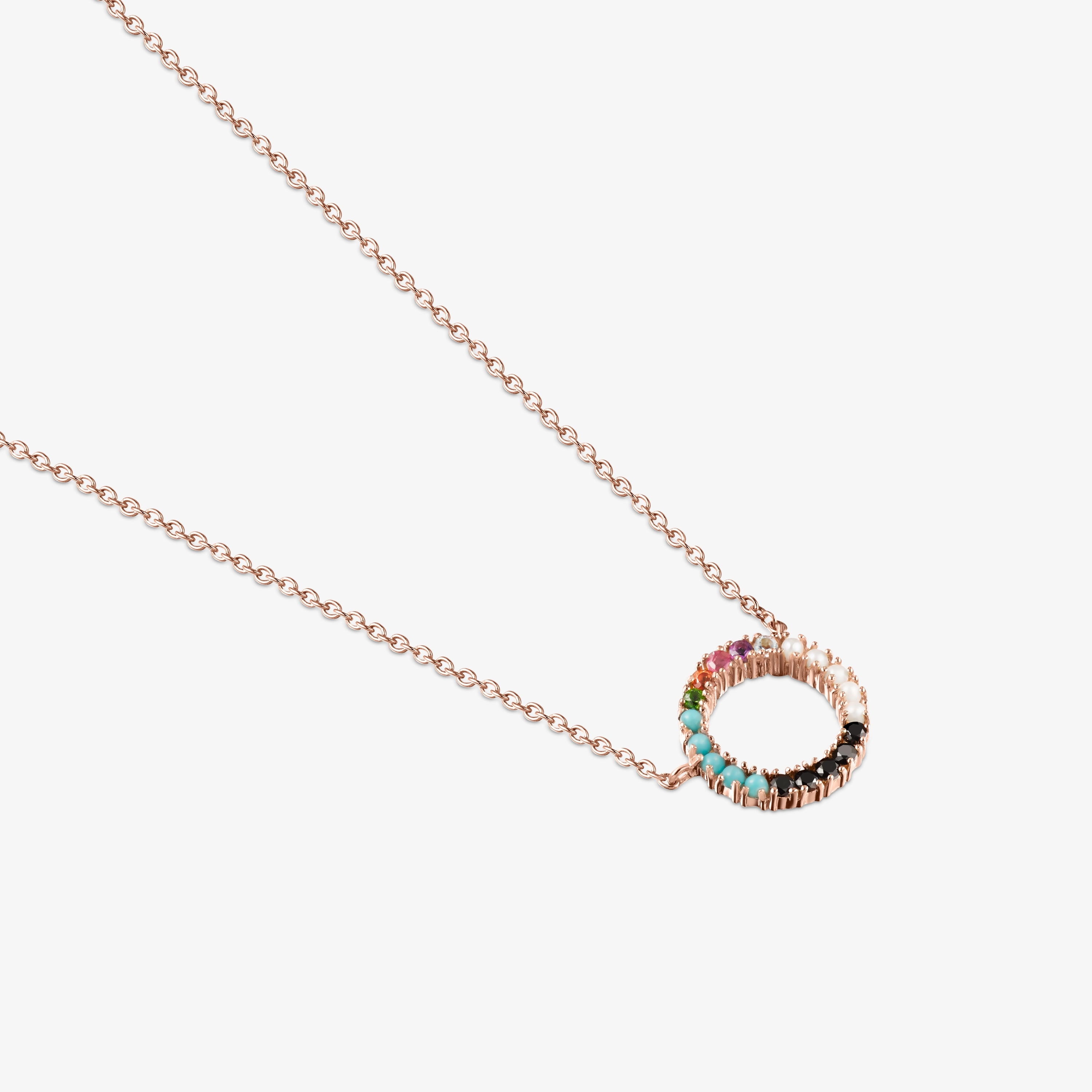 Straight disc Necklace in Rose 18K gold vermeil with Gemstones