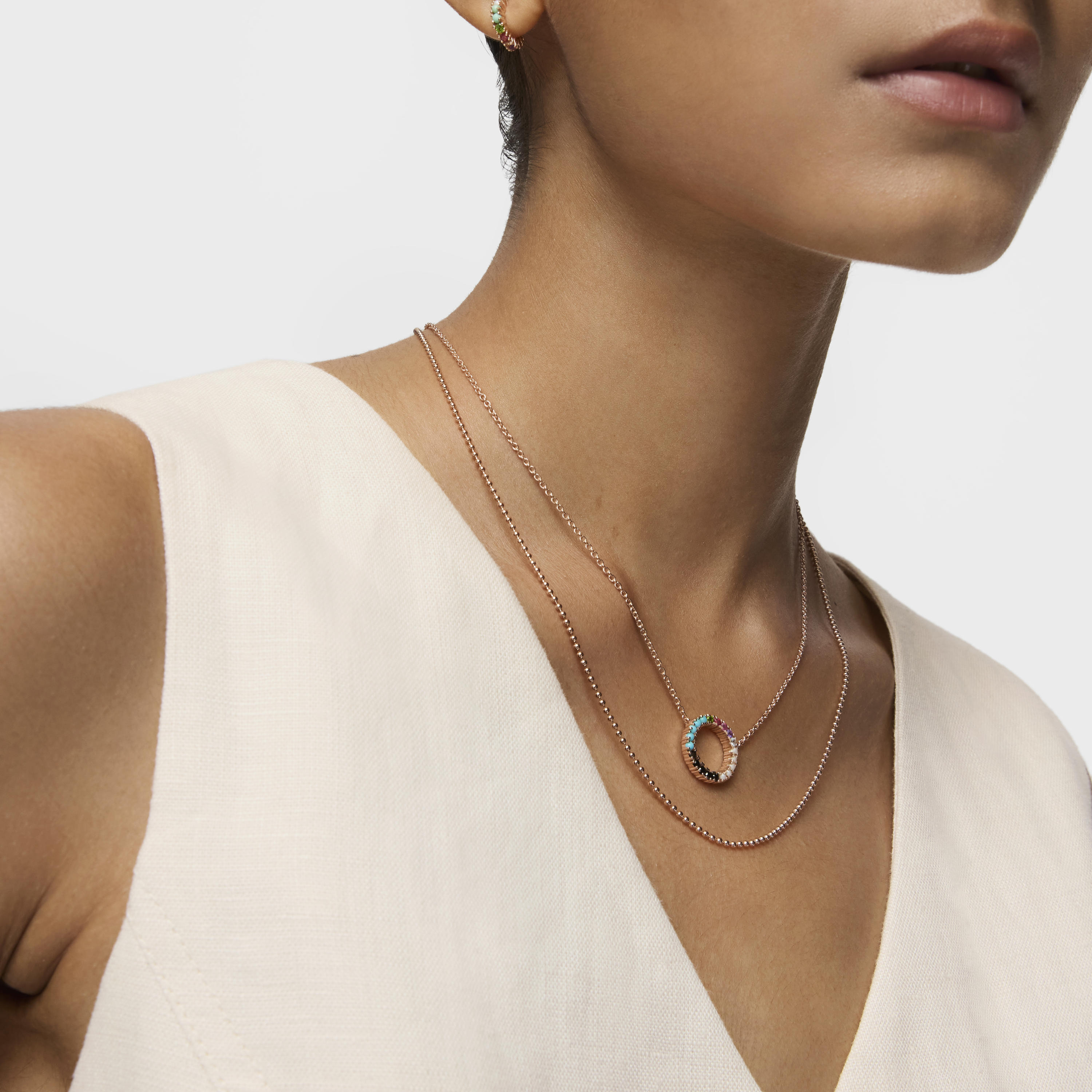 Straight disc Necklace in Rose 18K gold vermeil with Gemstones