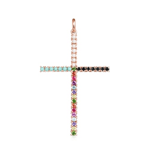 Straight cross Pendant in Rose 18K gold vermeil with Gemstones