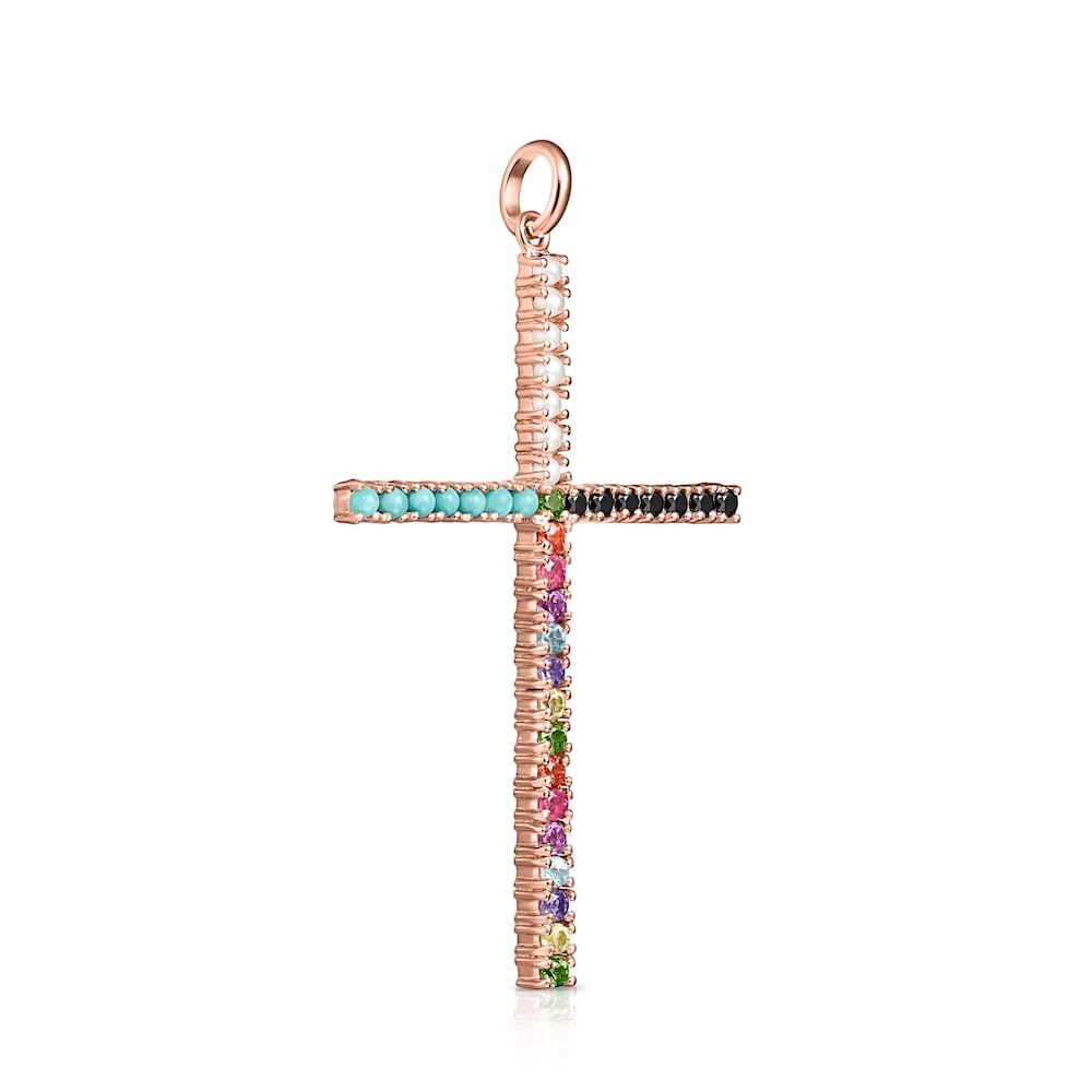 Straight cross Pendant in Rose 18K gold vermeil with Gemstones