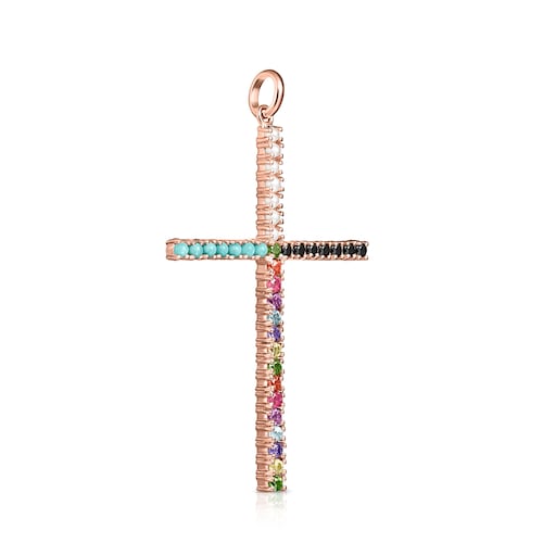 Colgante cruz con baño de oro rosa 18 kt sobre plata y gemas Straight