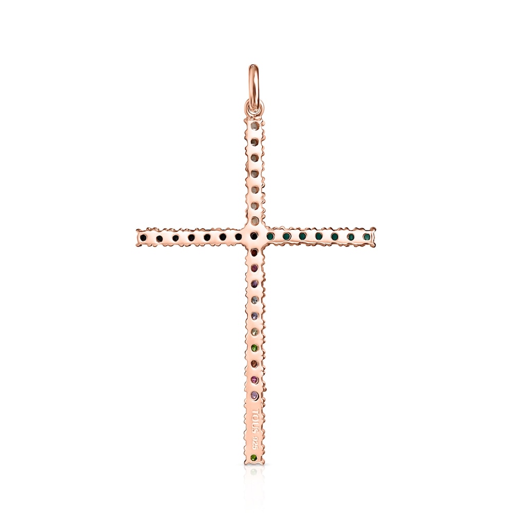 Straight cross Pendant in Rose 18K gold vermeil with Gemstones