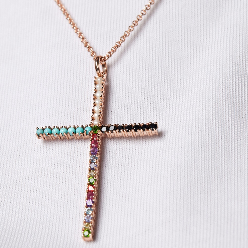 Straight cross Pendant in Rose 18K gold vermeil with Gemstones