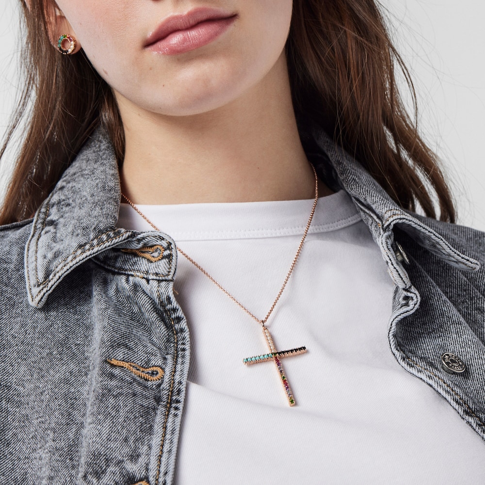 Straight cross Pendant in Rose 18K gold vermeil with Gemstones