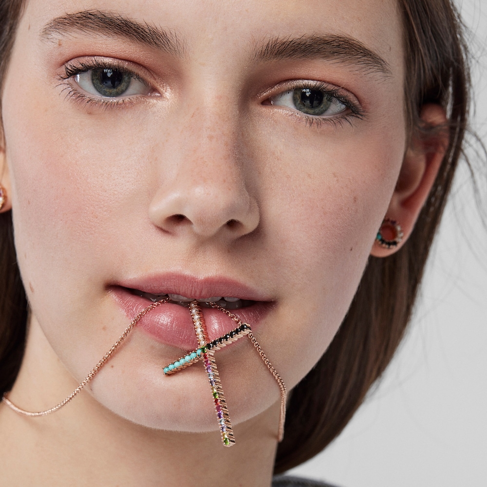 Straight cross Pendant in Rose 18K gold vermeil with Gemstones