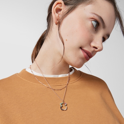 Straight bear Pendant in Rose Silver Vermeil with Gemstones